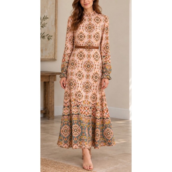 Boden Dresses & Skirts - Boden Silk Blend Tapestry Print Ruffle Neck Maxi Dress Pink Multi Size 6